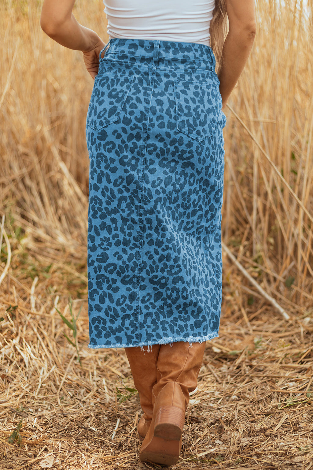Wild Side Leopard Denim Midi Skirt