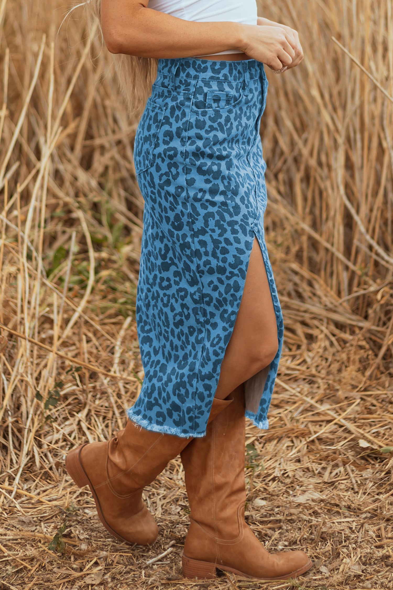 Wild Side Leopard Denim Midi Skirt