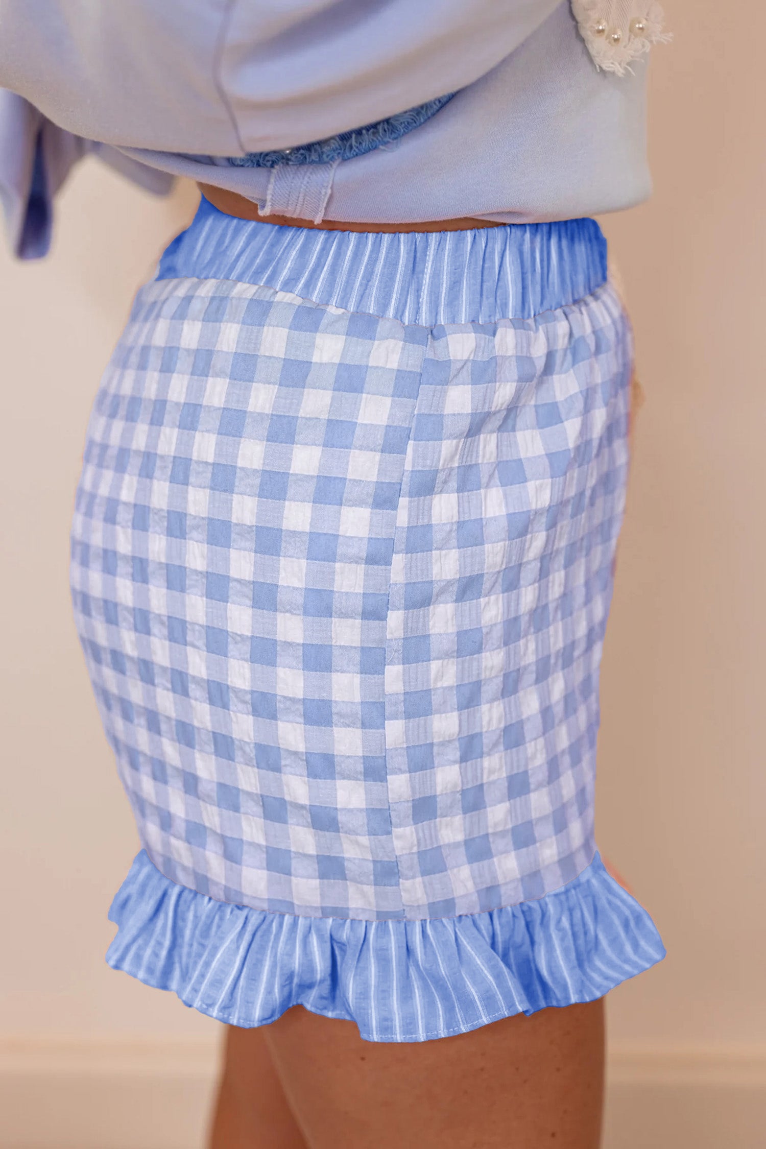 Blue Gingham Ruffle Lace Shorts