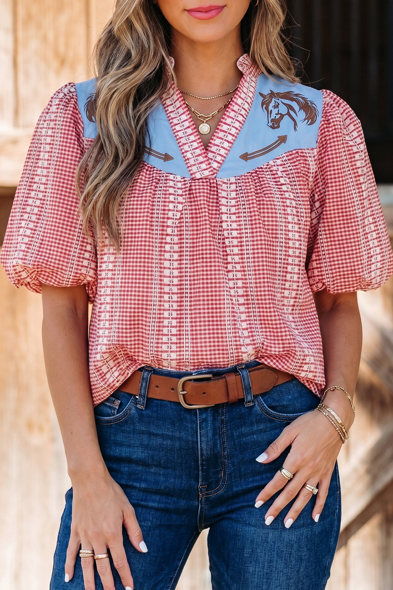 Prairie Pony Embroidered Gingham Blouse