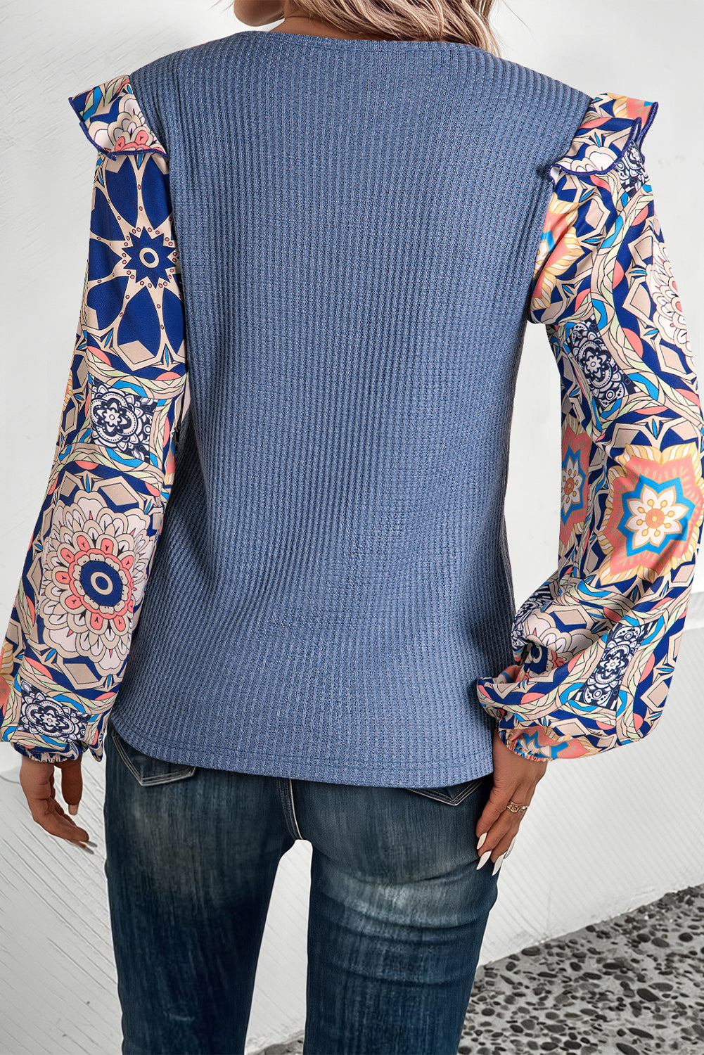Coffee Floral Ruffle Waffle Blouse