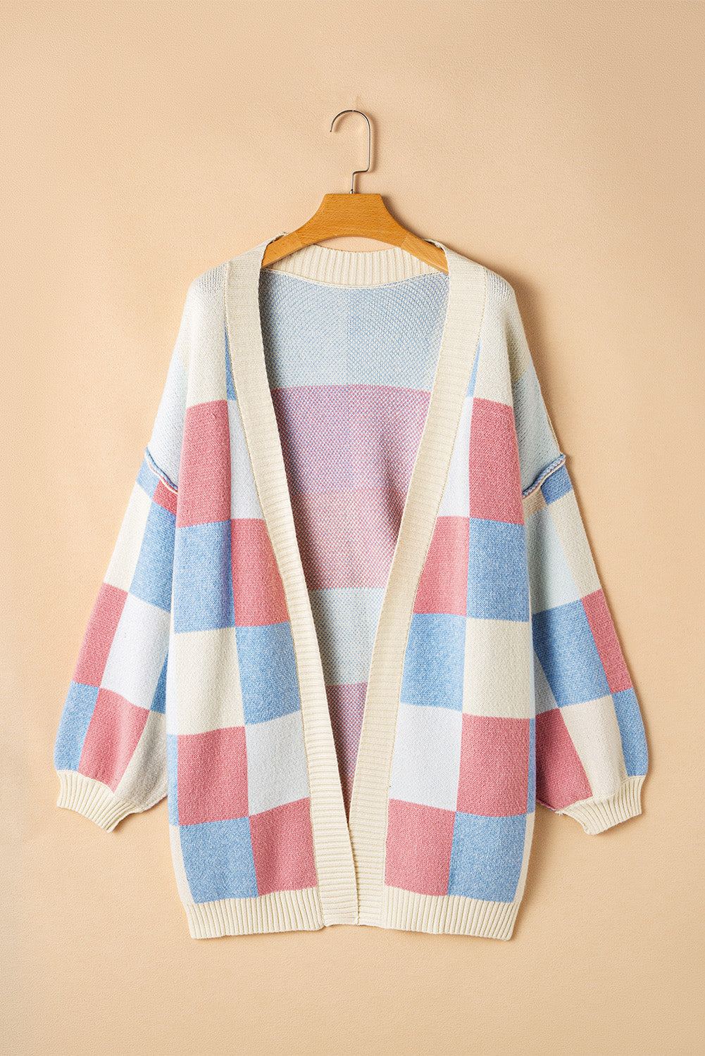 Blue Checkered Open Front Cardigan