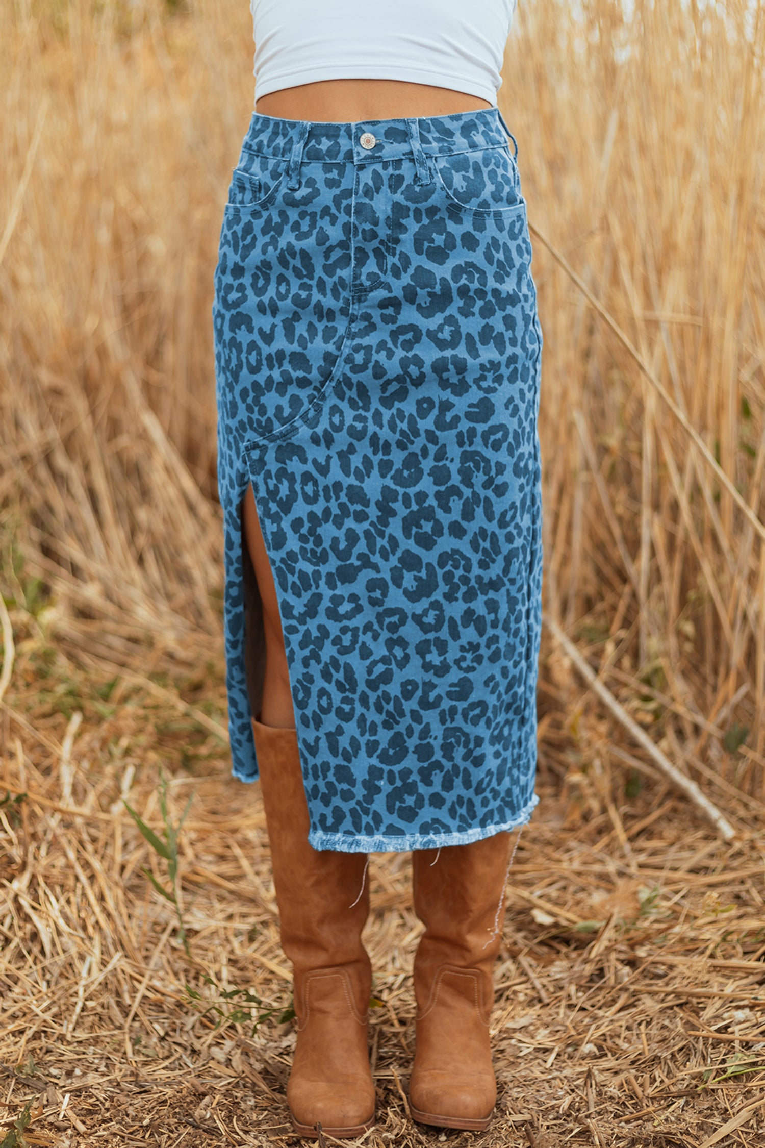 Wild Side Leopard Denim Midi Skirt