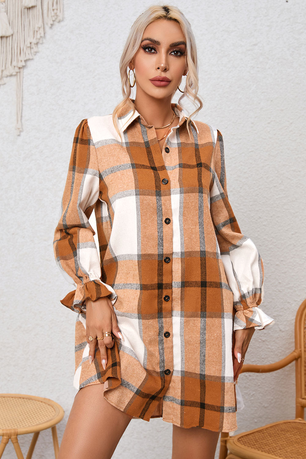 Southern Belle Plaid Ruffle Shirt Dress