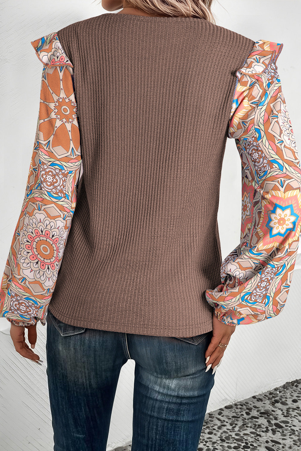 Coffee Floral Ruffle Waffle Blouse