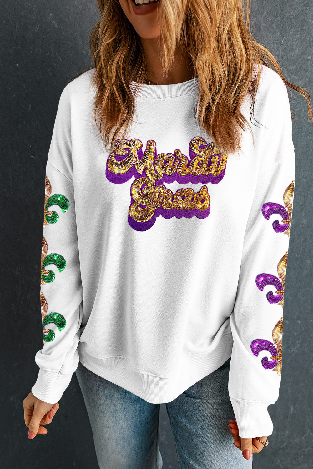 Mardi Gras Sequin Fleur de Lis Sleeve Sweatshirt