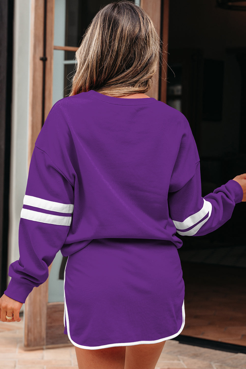 Evergreen Varsity Stripe Detail Drop Shoulder Pullover Mini Skort Set