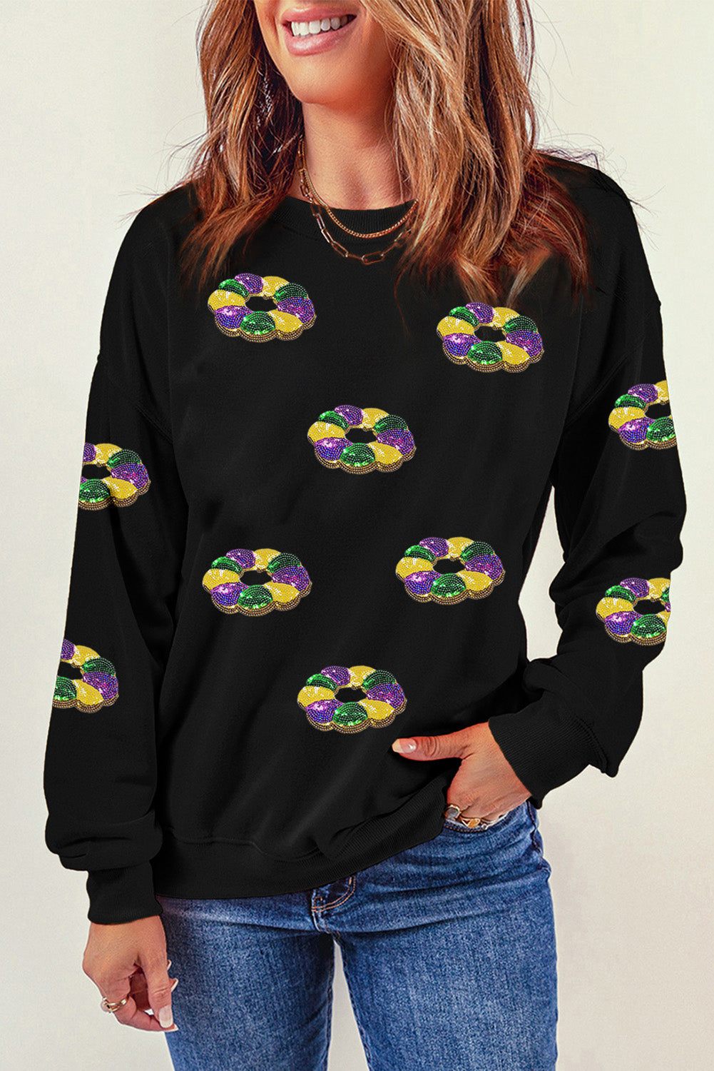 Mardi Gras Sequin Donut Sweatshirt