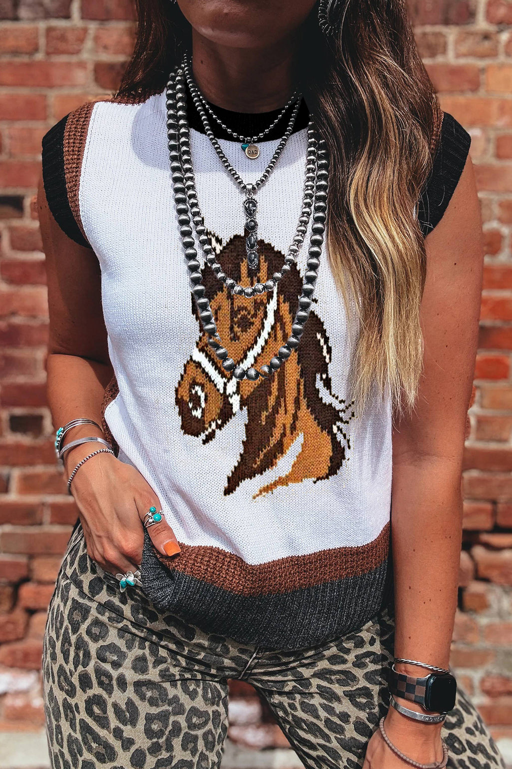 Western Horse Colorblock Sweater Vest