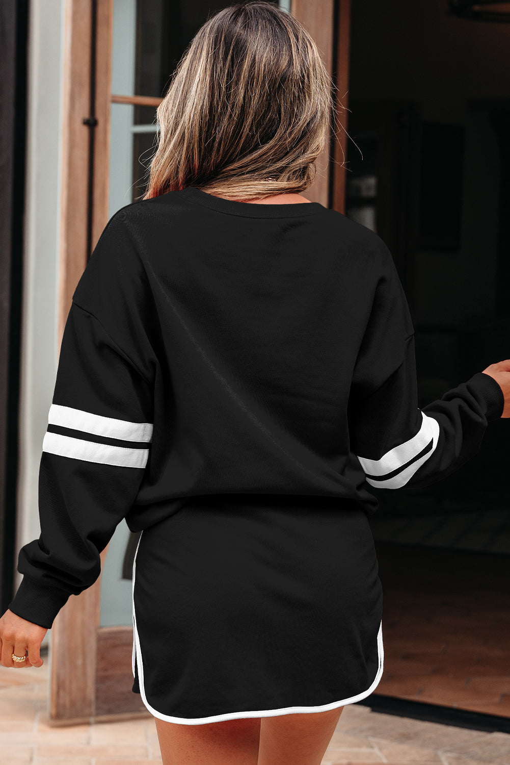 Evergreen Varsity Stripe Detail Drop Shoulder Pullover Mini Skort Set