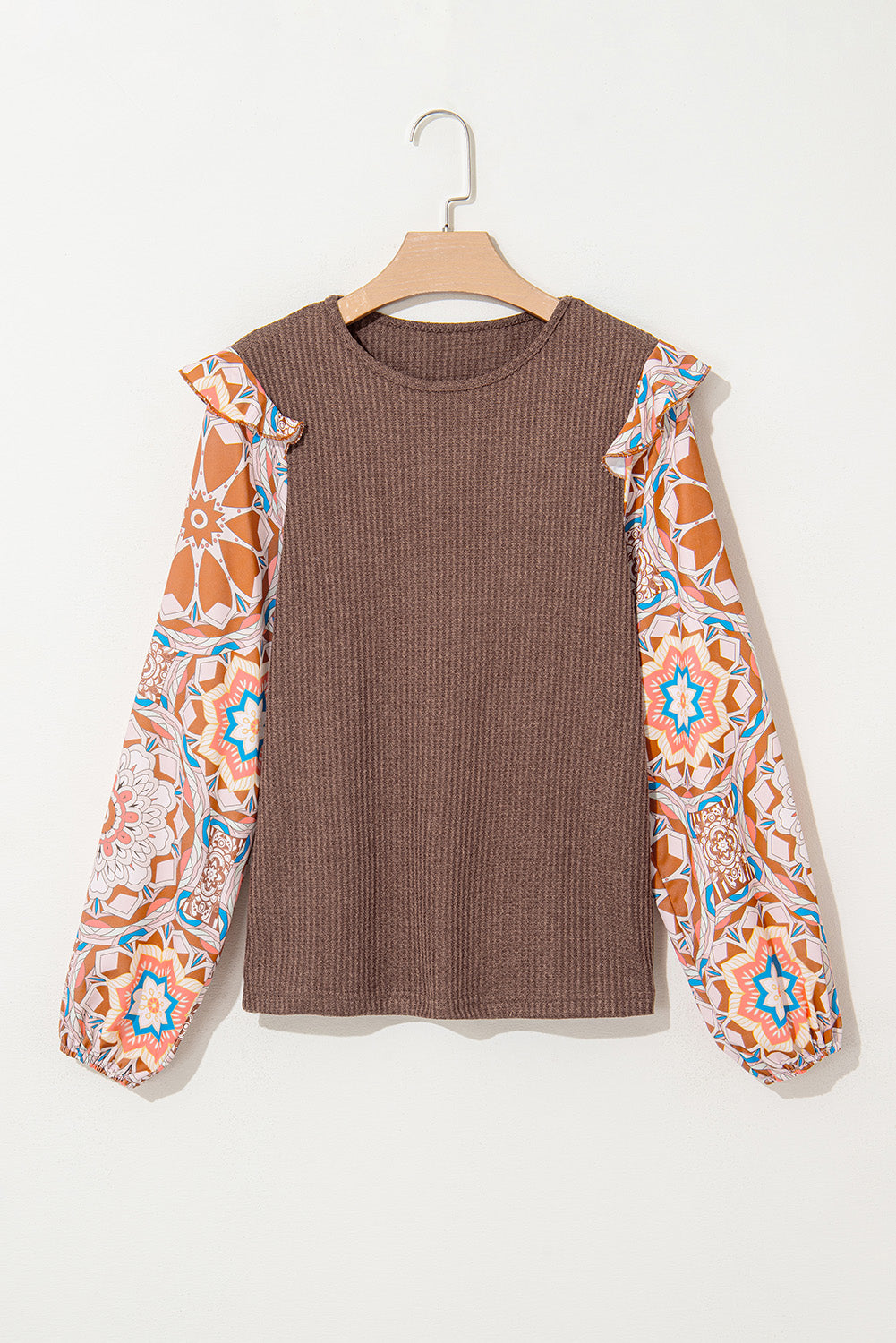 Coffee Floral Ruffle Waffle Blouse