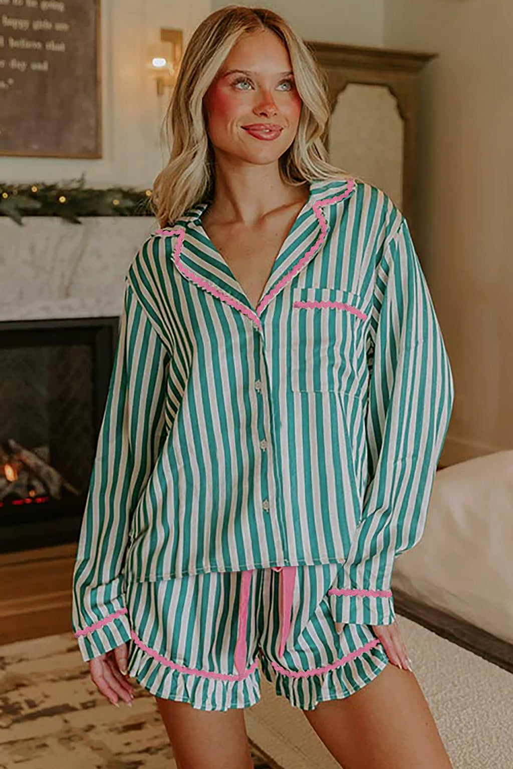 Green Stripe Ricrac Pajama Set