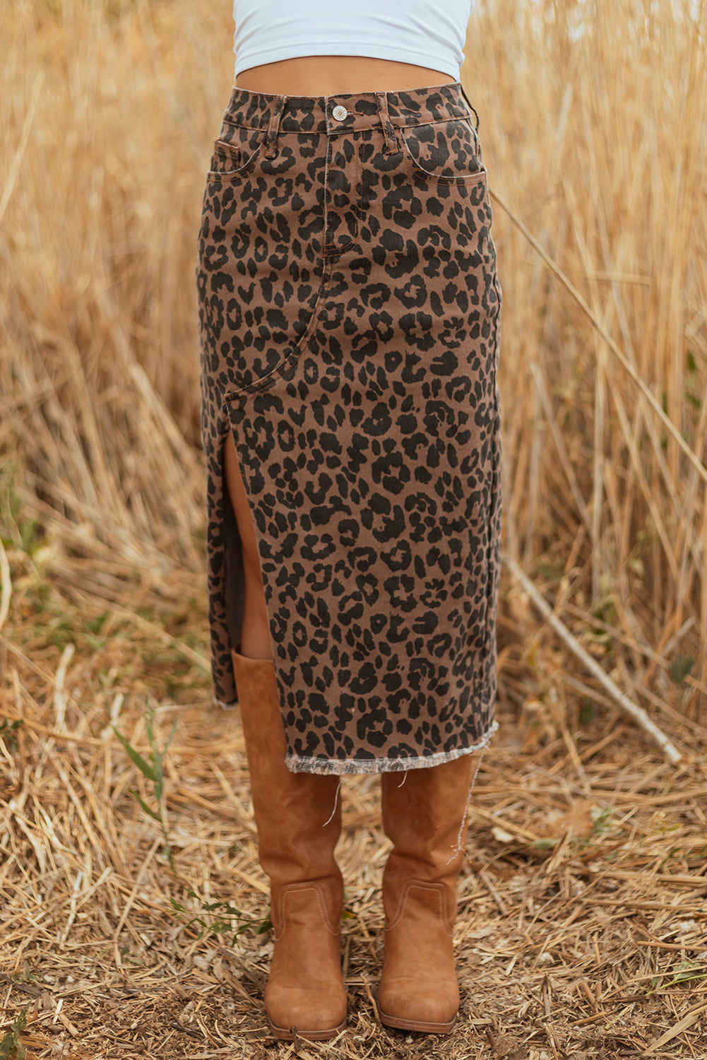 Wild Side Leopard Denim Midi Skirt