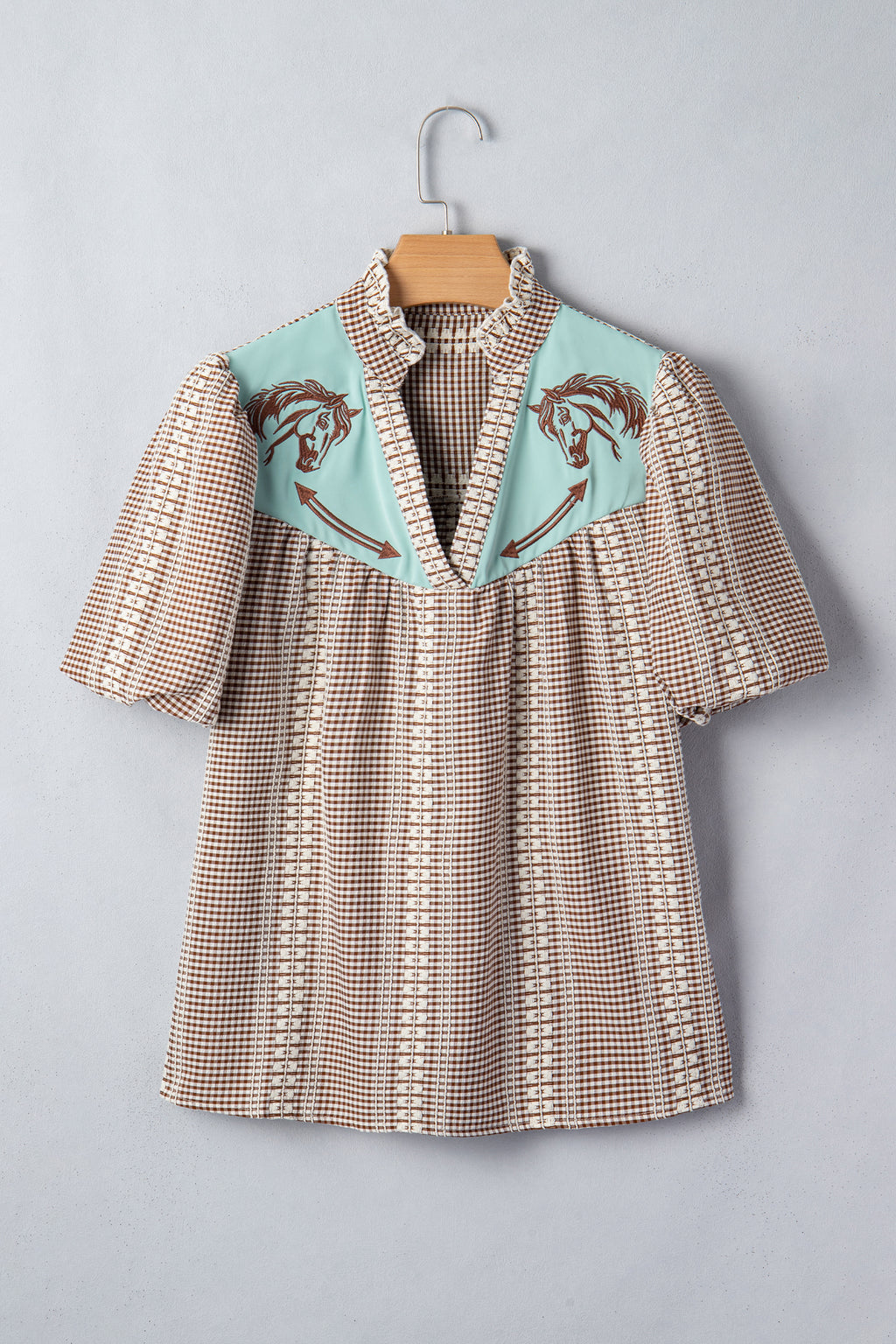 Prairie Pony Embroidered Gingham Blouse