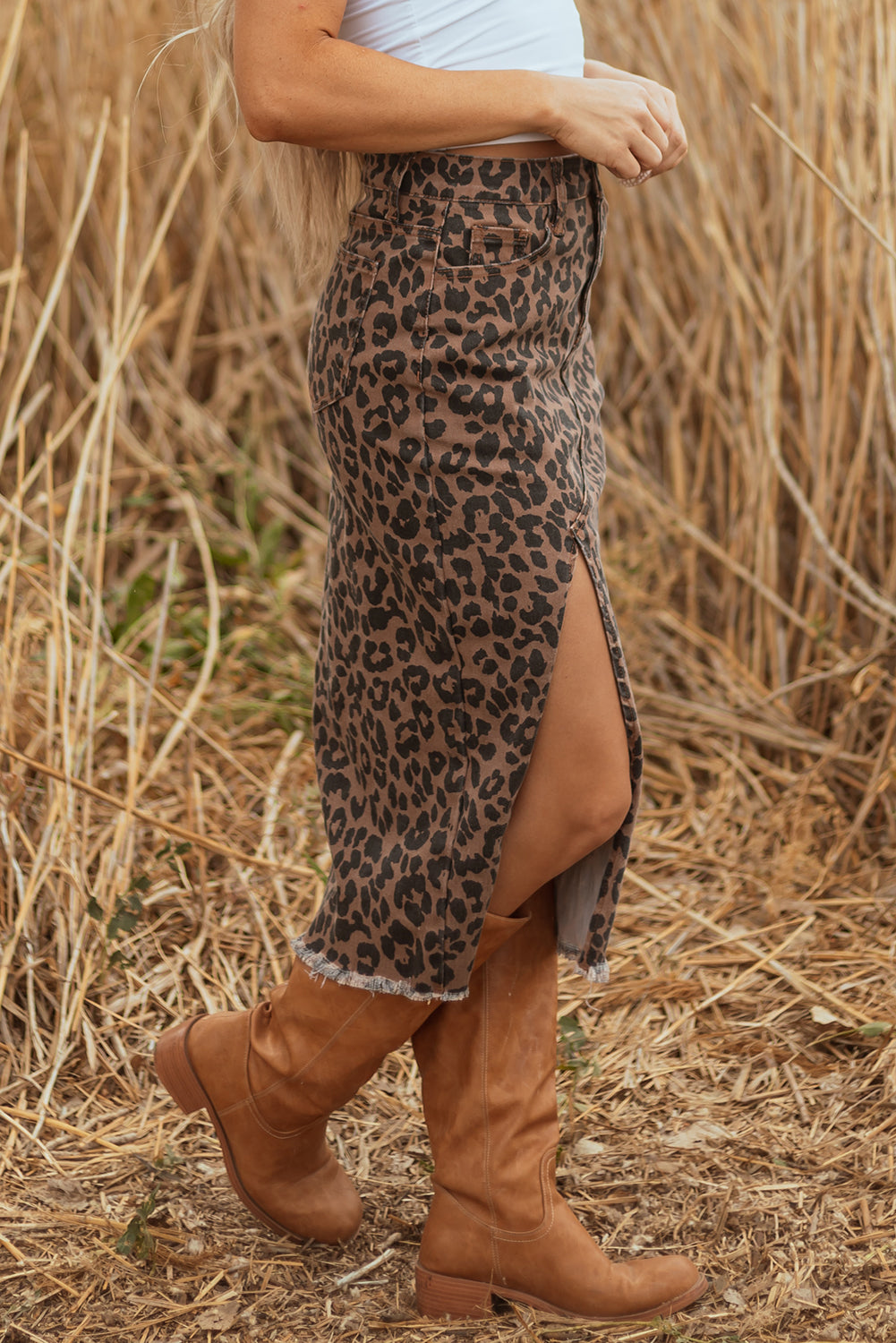 Wild Side Leopard Denim Midi Skirt