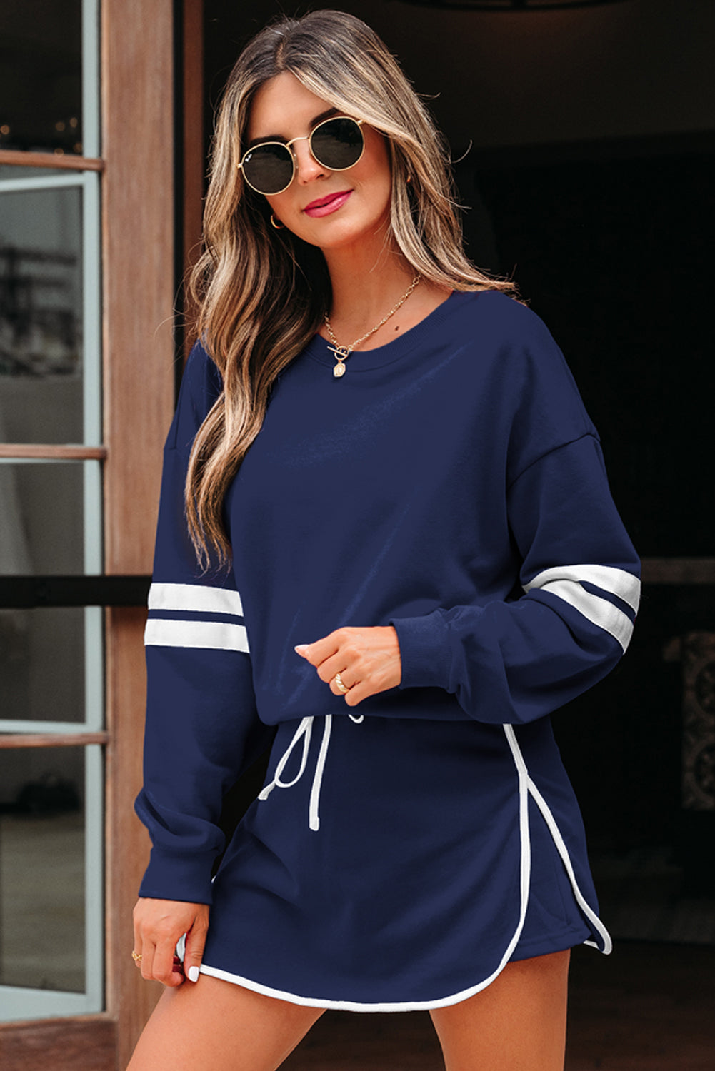 Evergreen Varsity Stripe Detail Drop Shoulder Pullover Mini Skort Set