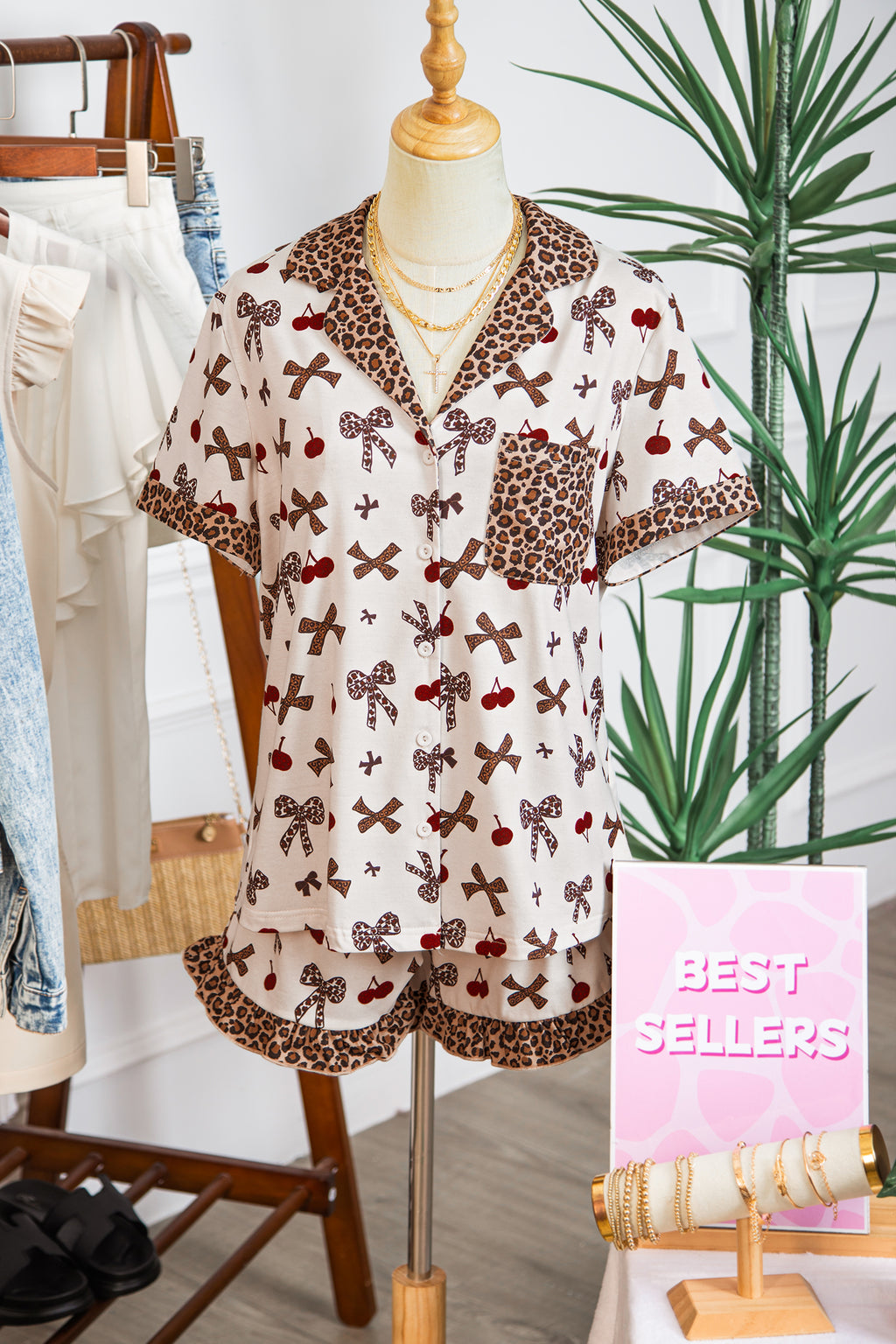 Cherry Bow Leopard Pajama Set