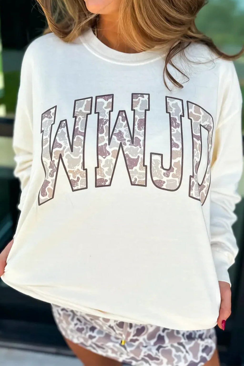 WWJD Camo Letter Long Sleeve Top