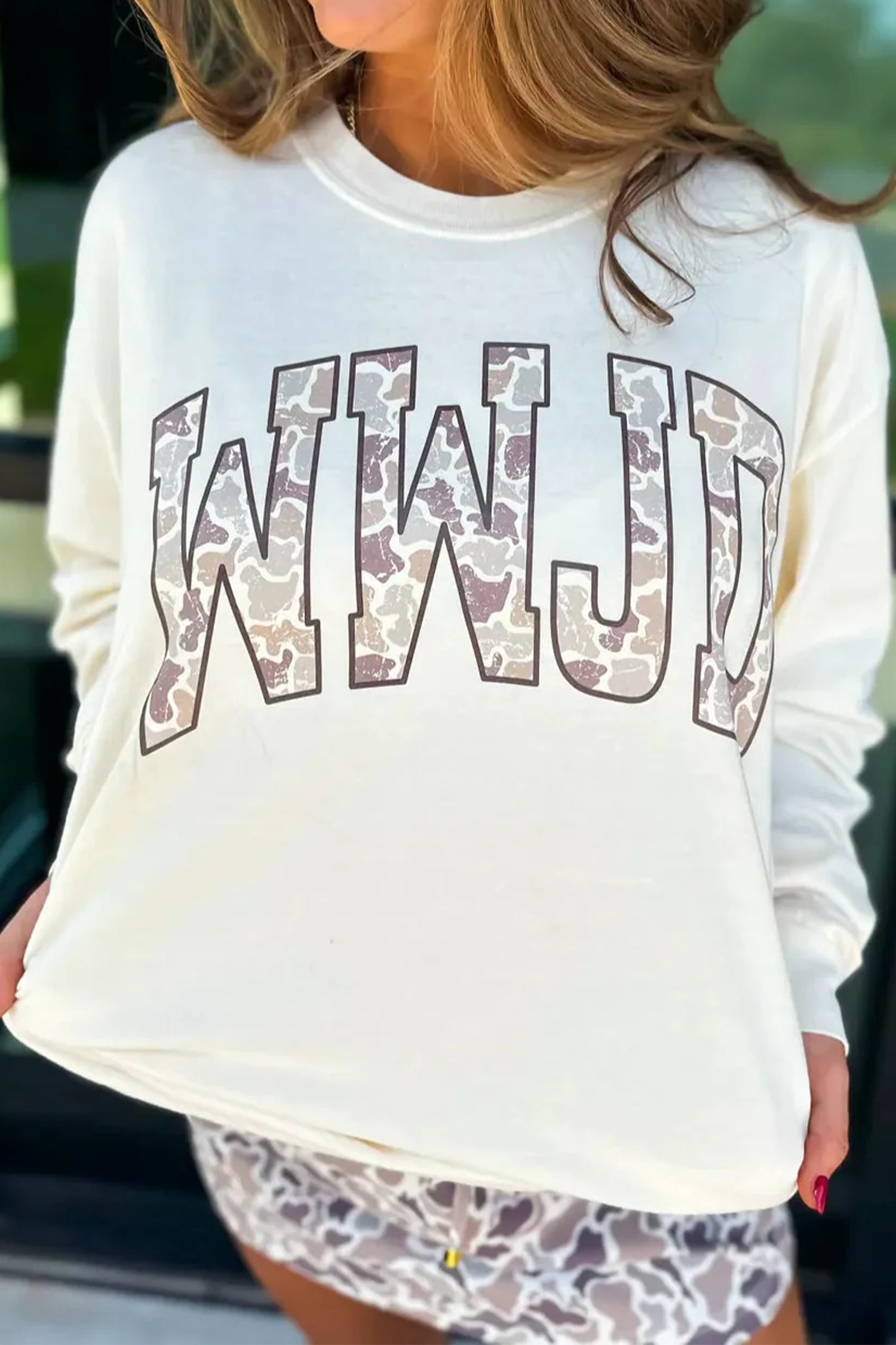 WWJD Camo Letter Long Sleeve Top