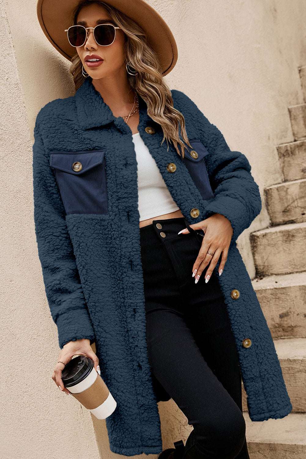 Cozy Contrast Pocket Teddy Coat