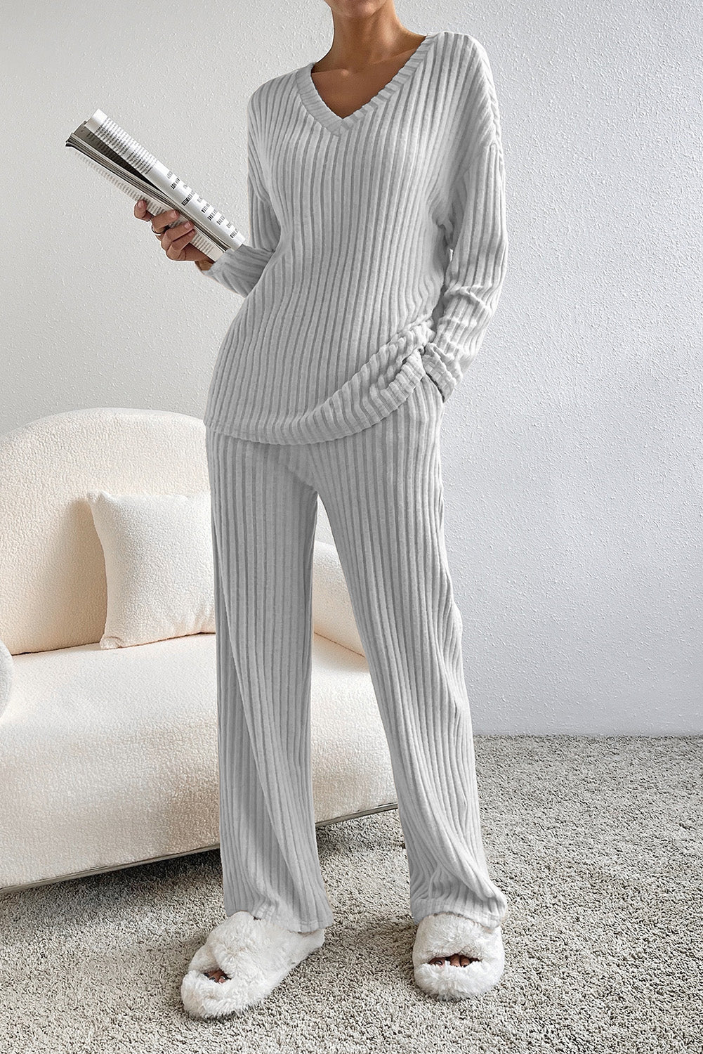 Cozy Ribbed V Neck Lounge Set