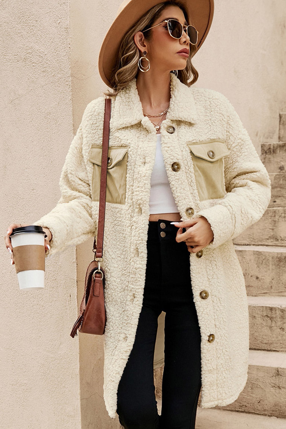 Cozy Contrast Pocket Teddy Coat