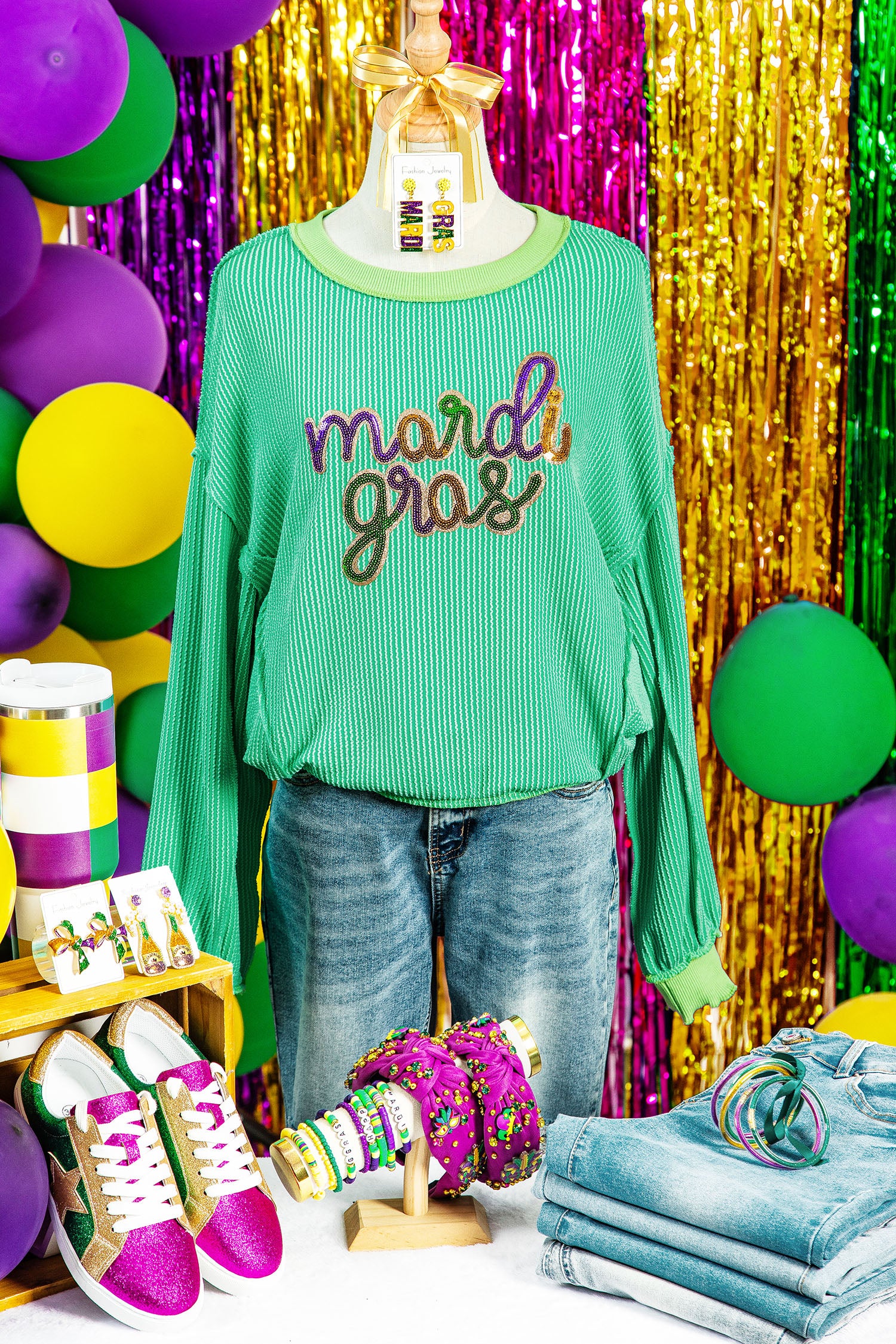 Mardi Gras Sequin Ribbed Patchwork Top