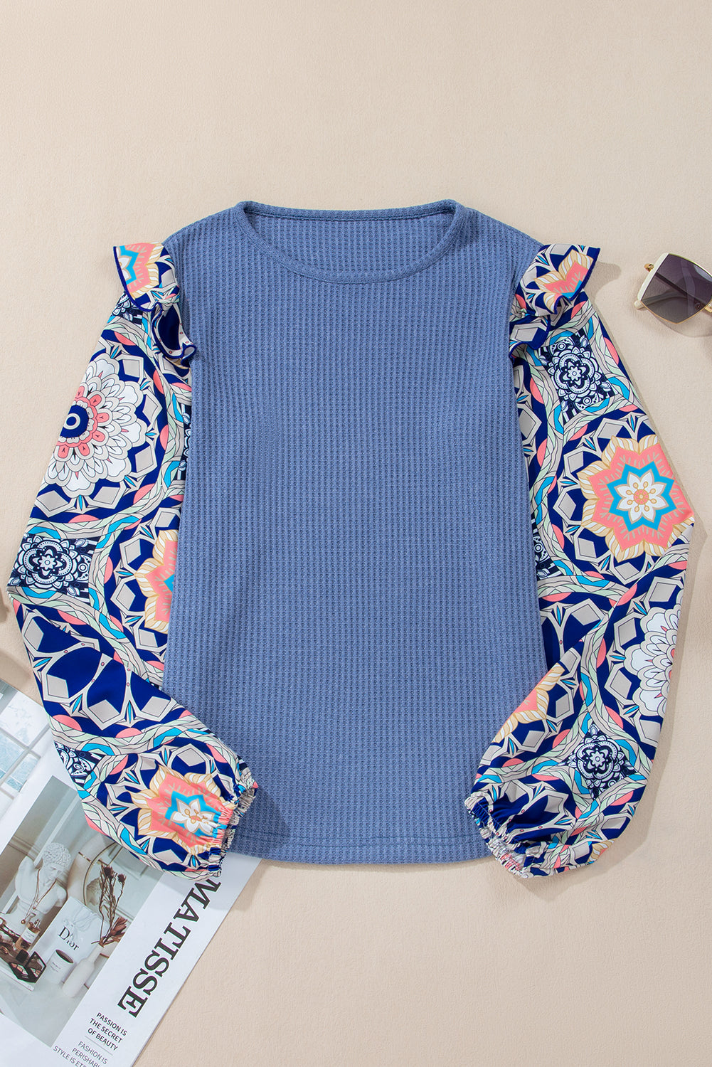Coffee Floral Ruffle Waffle Blouse