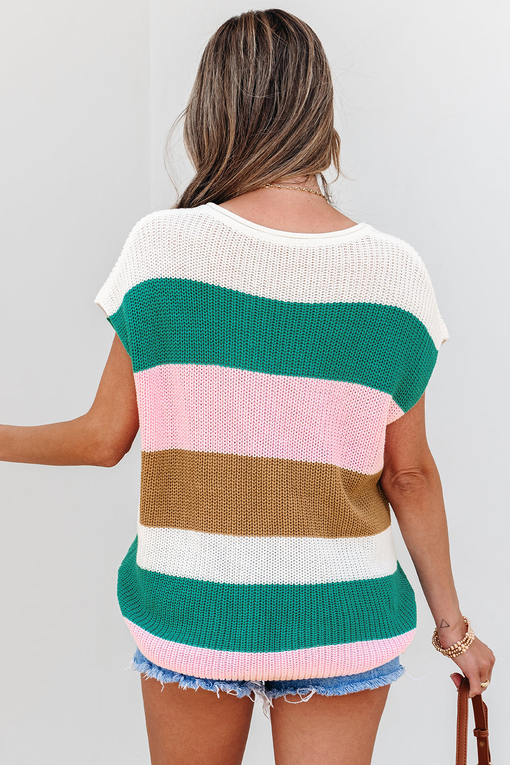 Light Blue Color Block Notch V Neck Sweater T Shirt