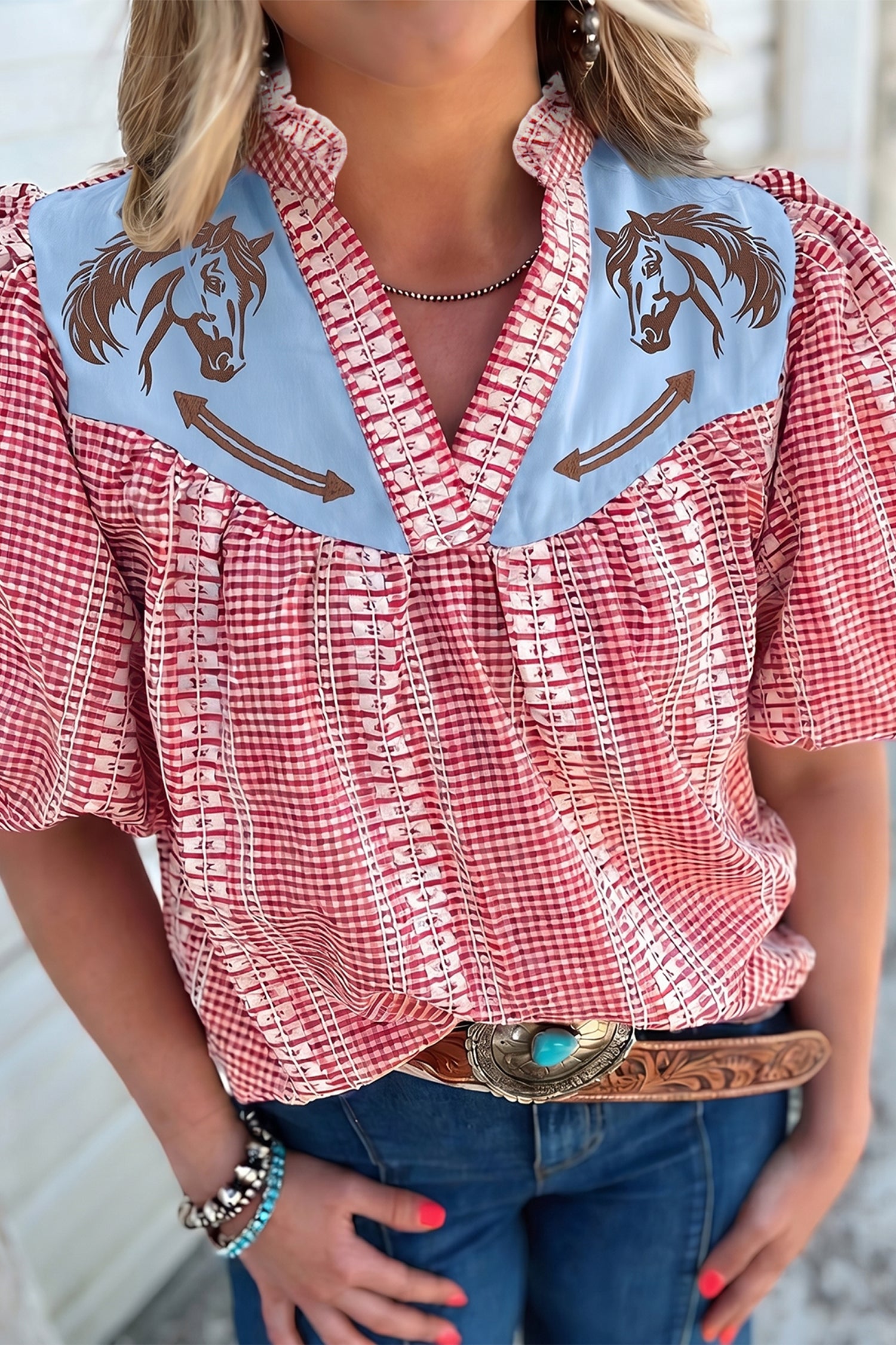 Prairie Pony Embroidered Gingham Blouse
