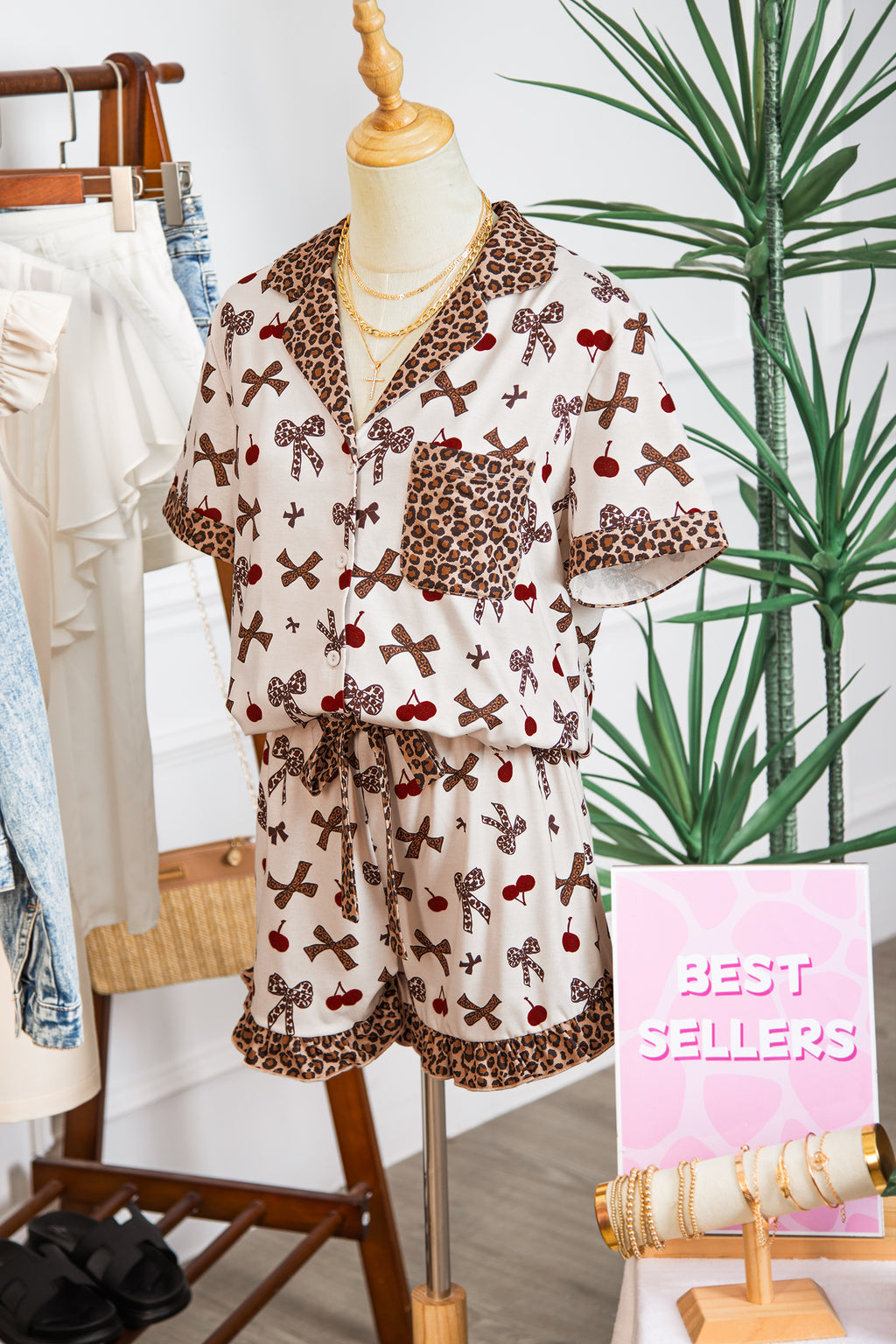 Cherry Bow Leopard Pajama Set