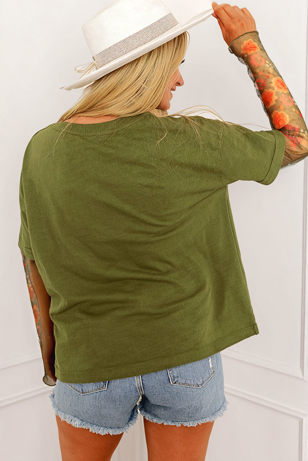 White Faux Two Piece Floral Long Sleeve Patchwork Tee