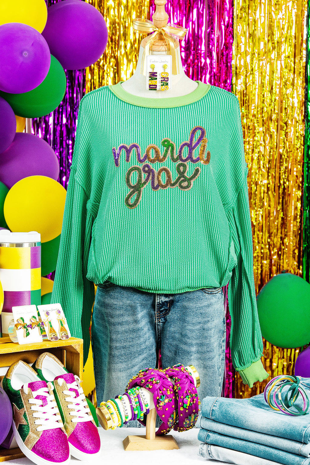 Mardi Gras Sequin Ribbed Patchwork Top