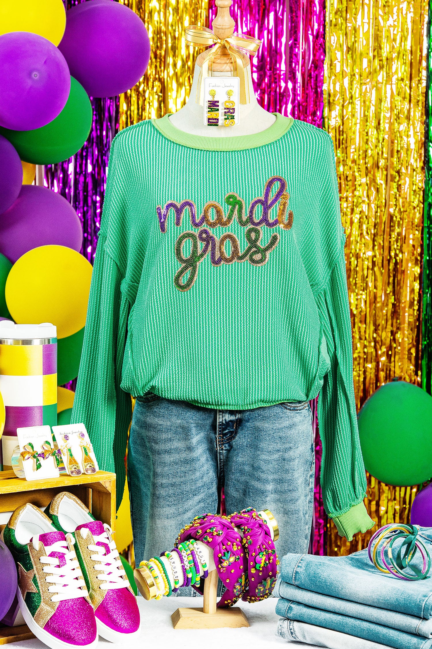Mardi Gras Sequin Ribbed Patchwork Top