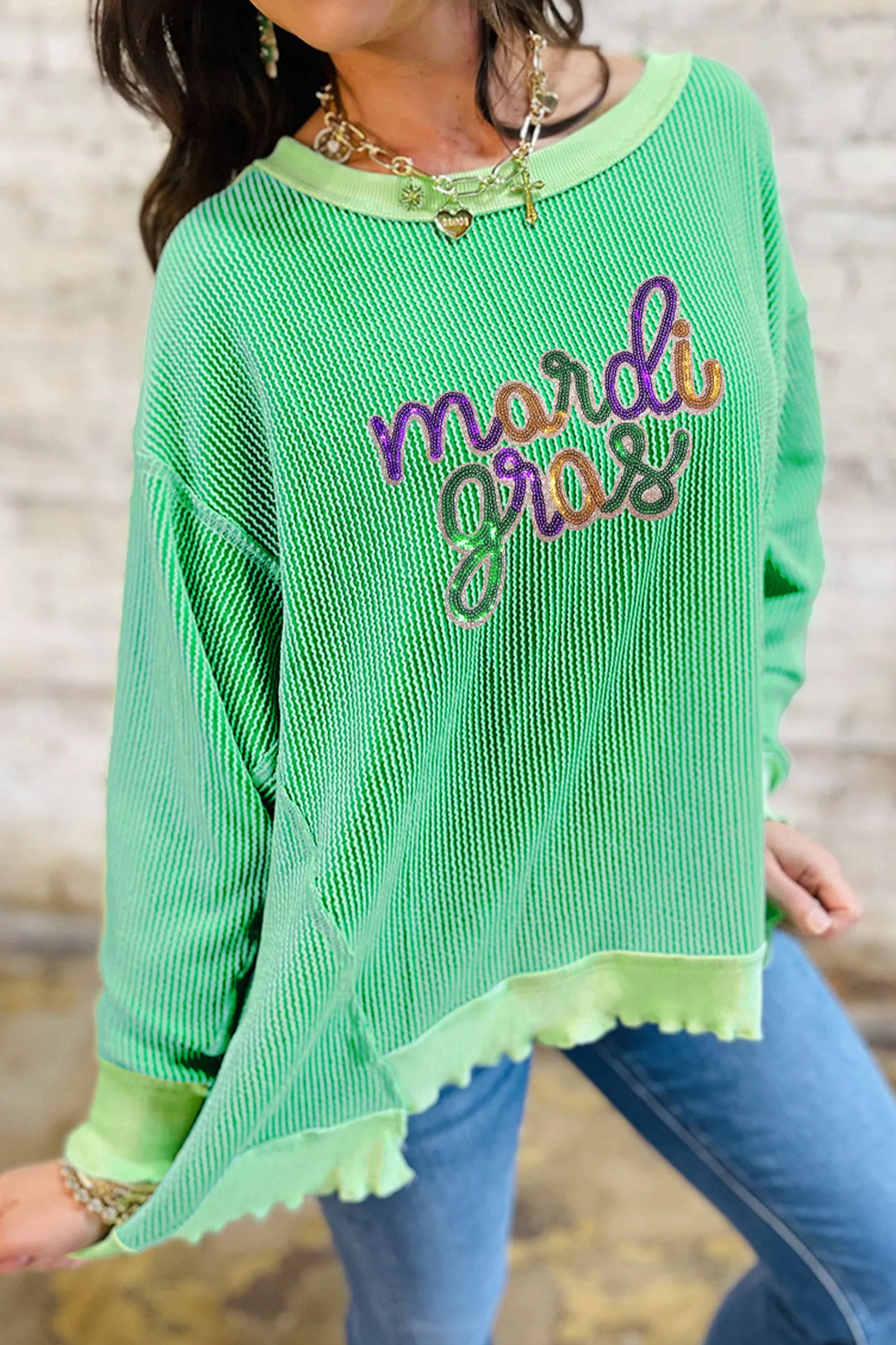 Mardi Gras Sequin Ribbed Patchwork Top