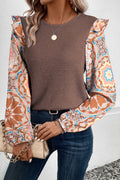 Coffee Floral Ruffle Waffle Blouse