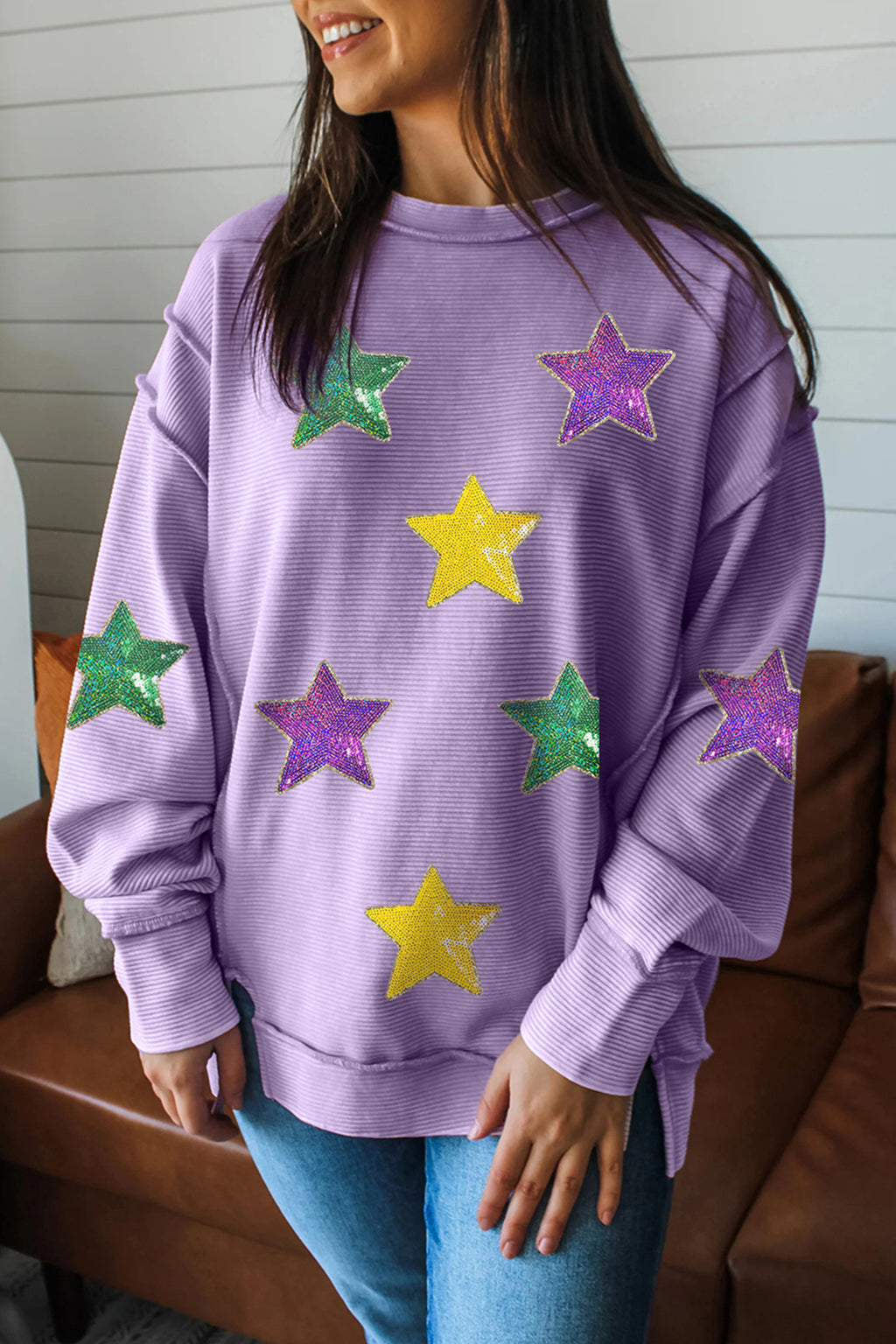 Mardi Gras Sequin Star Patch Top