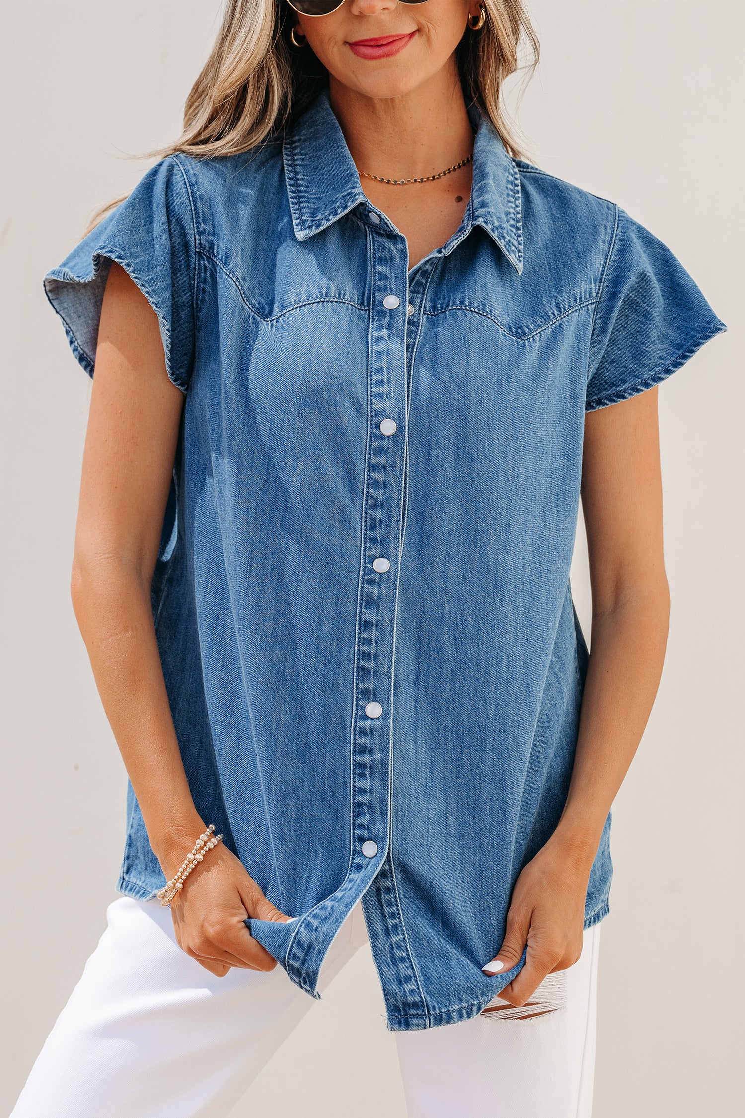Dusk Blue Ruffle Denim Shirt