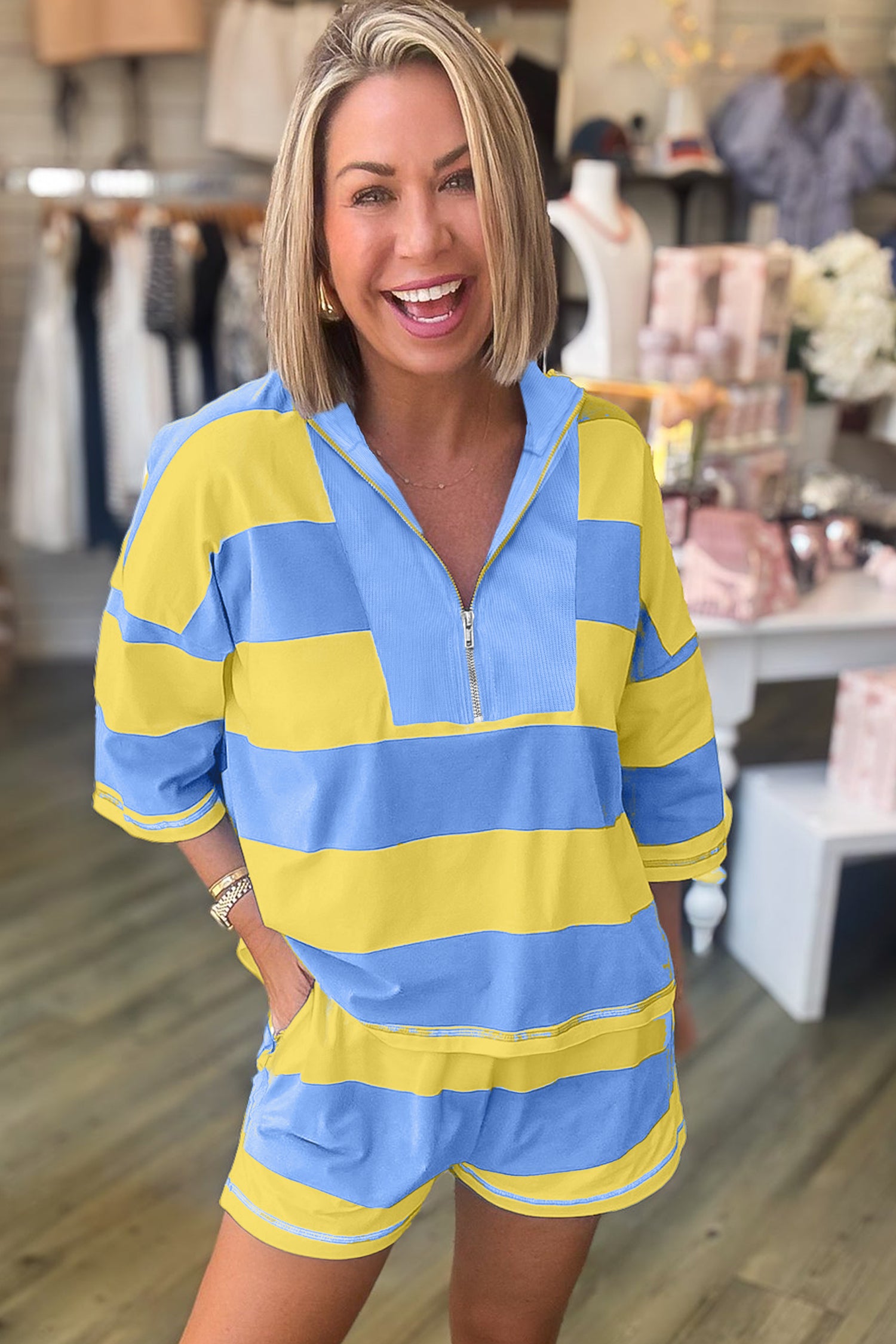 Sky Blue Stripe Seam Detail Half Zip Tee Casual Shorts 2pcs Set