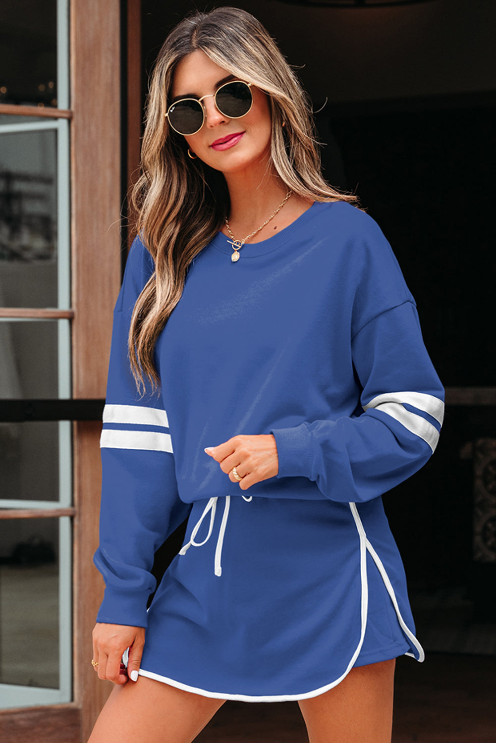 Evergreen Varsity Stripe Detail Drop Shoulder Pullover Mini Skort Set