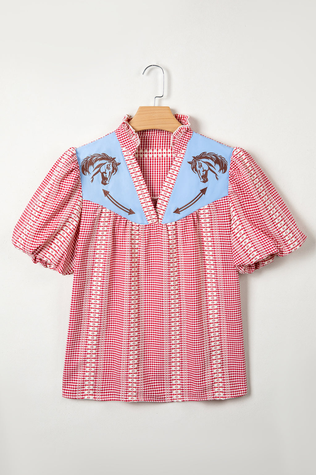 Prairie Pony Embroidered Gingham Blouse