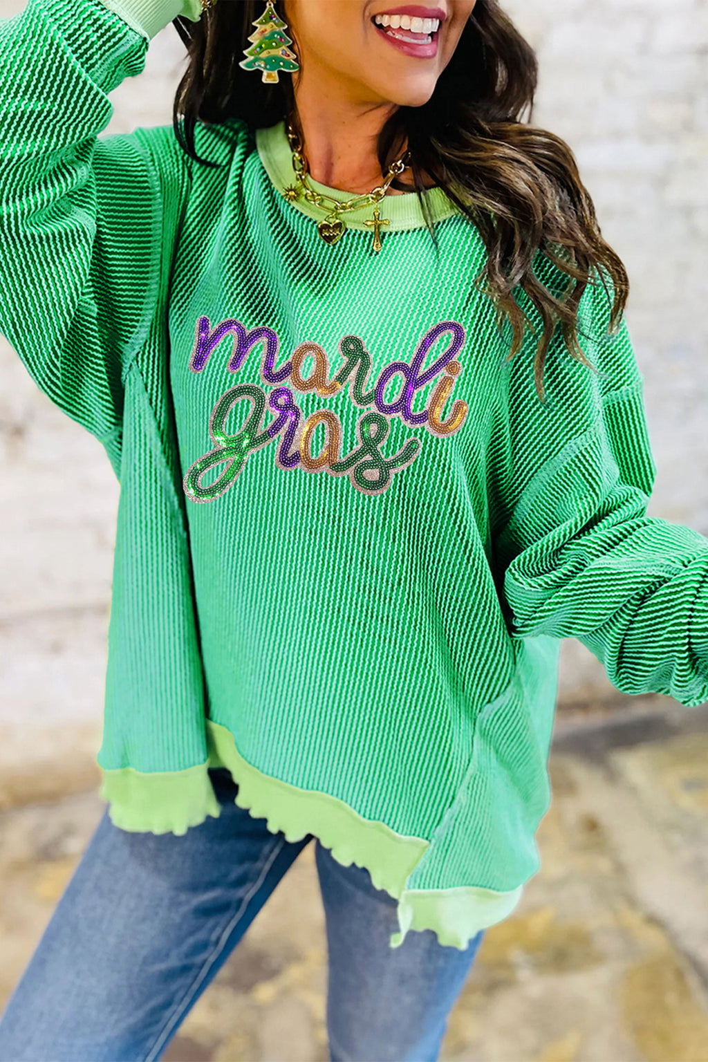 Mardi Gras Sequin Ribbed Patchwork Top