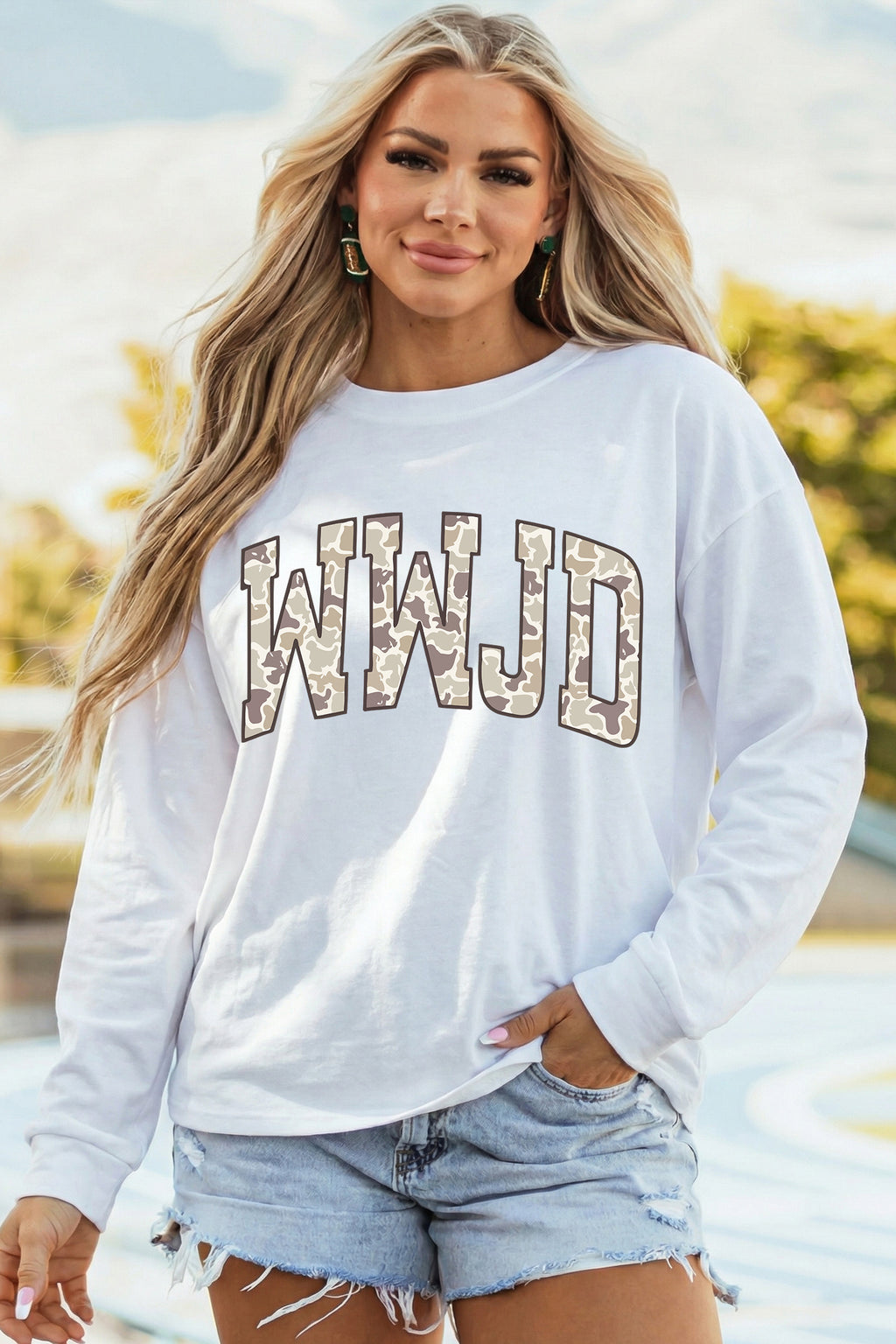 WWJD Camo Letter Long Sleeve Top