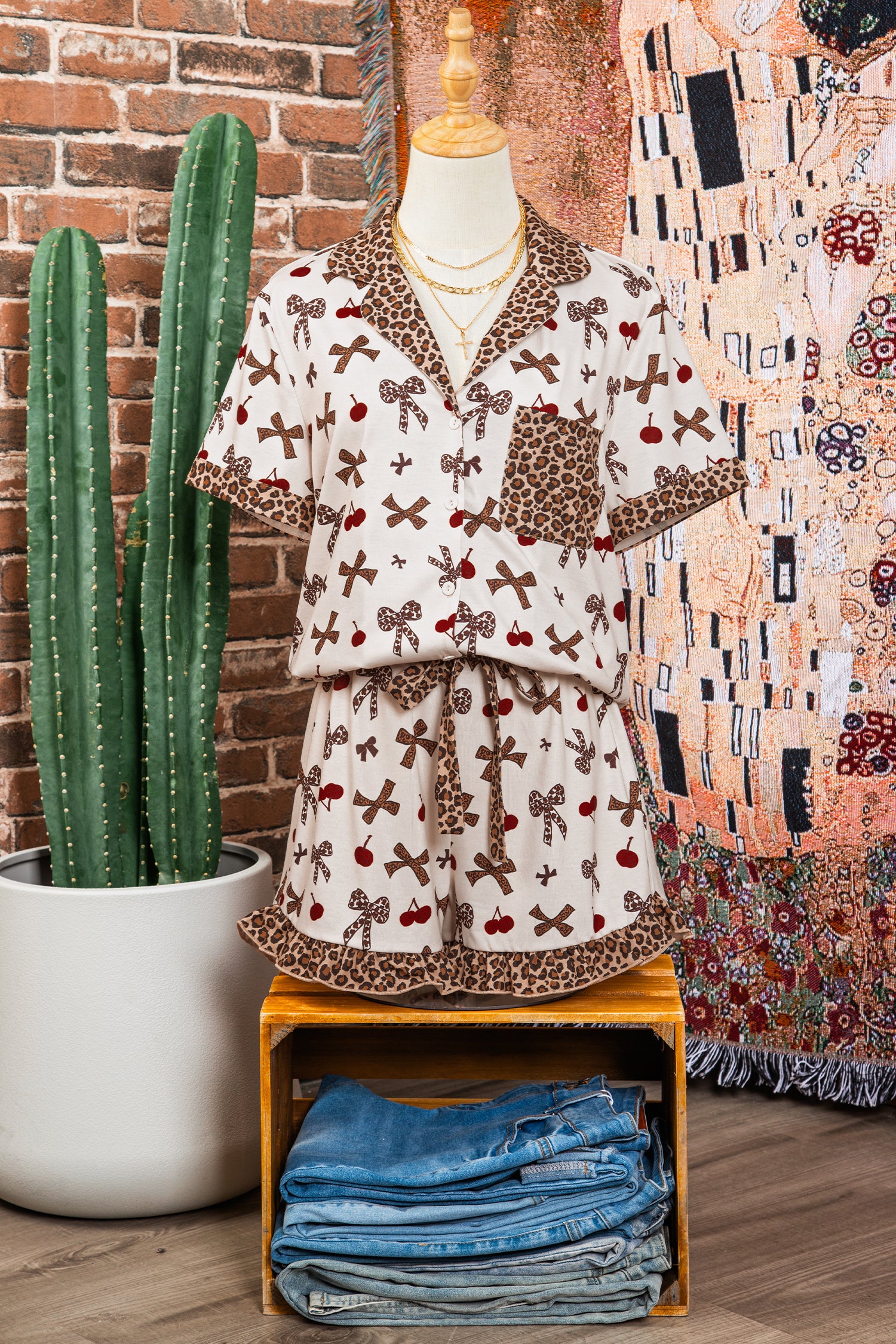 Cherry Bow Leopard Pajama Set