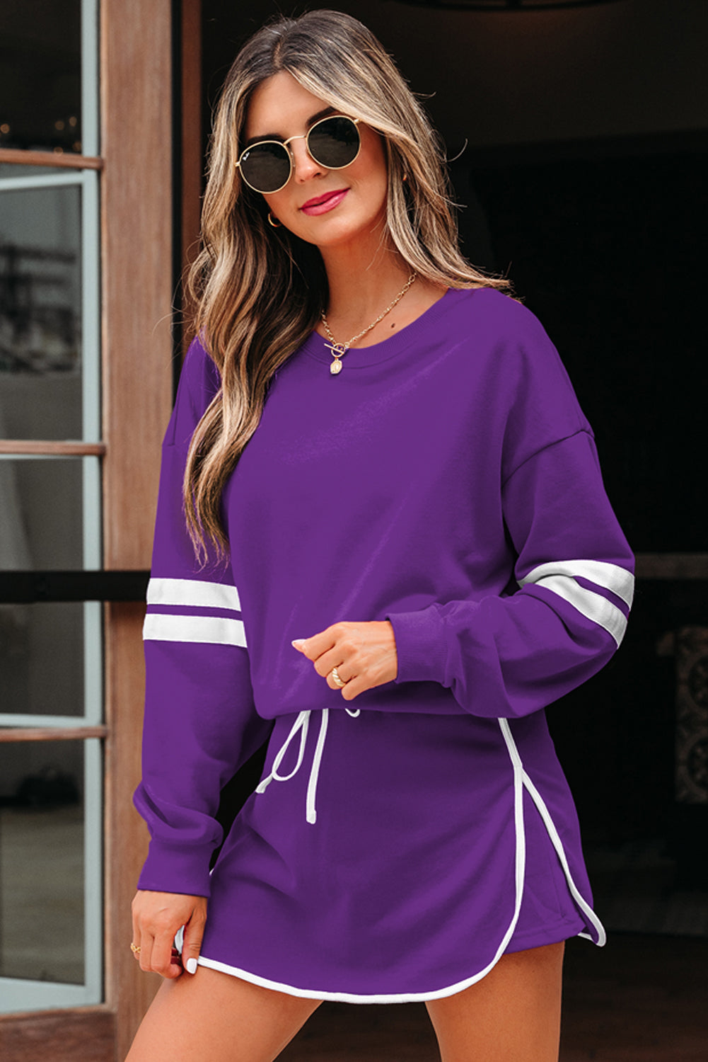Evergreen Varsity Stripe Detail Drop Shoulder Pullover Mini Skort Set