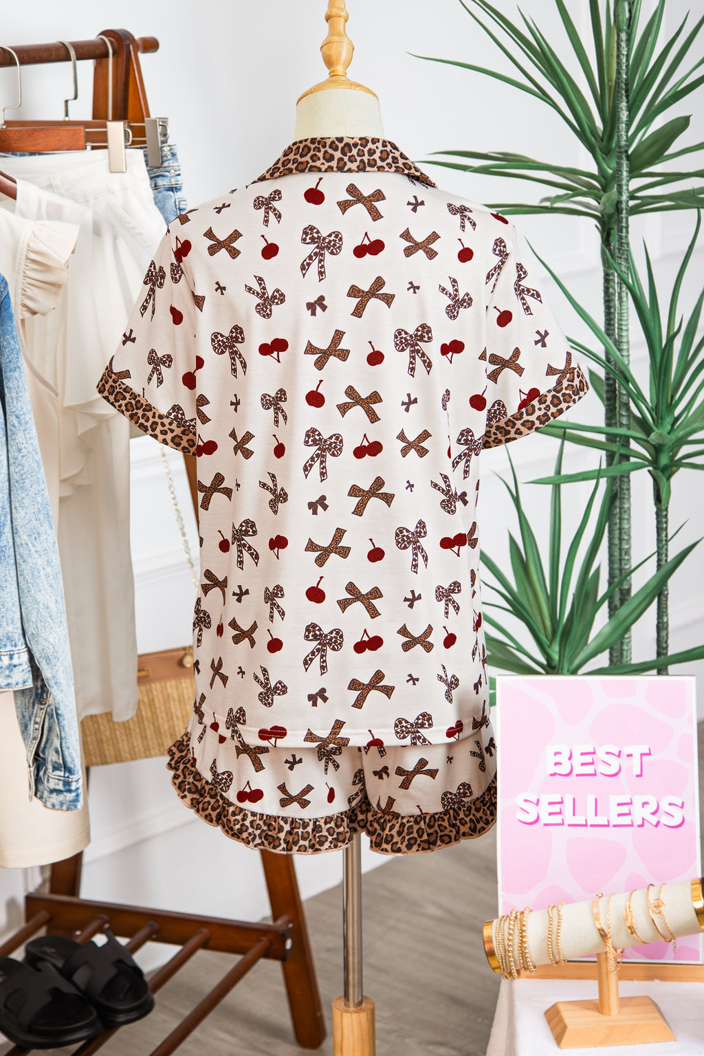 Cherry Bow Leopard Pajama Set