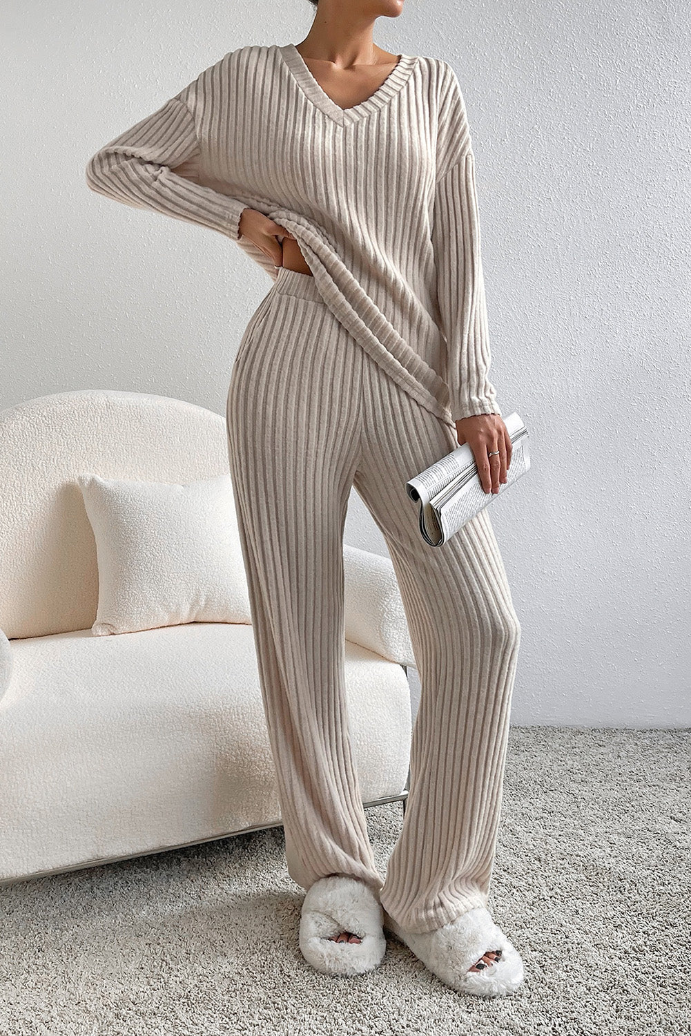 Cozy Ribbed V Neck Lounge Set