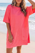 Coral Paradise Drop Shoulder Loose Casual T Shirt Mini Dress