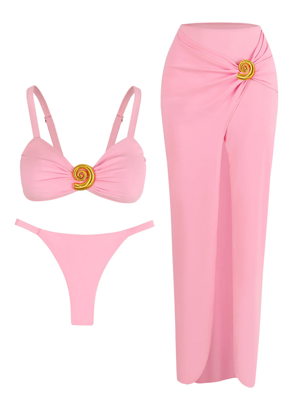 3 Pieces Bikini Set with Coverup Skirt Push up Swimsuit 2025 Sexy Women Bathing Suits High Waist Beachwear Pink Beach Dress K139