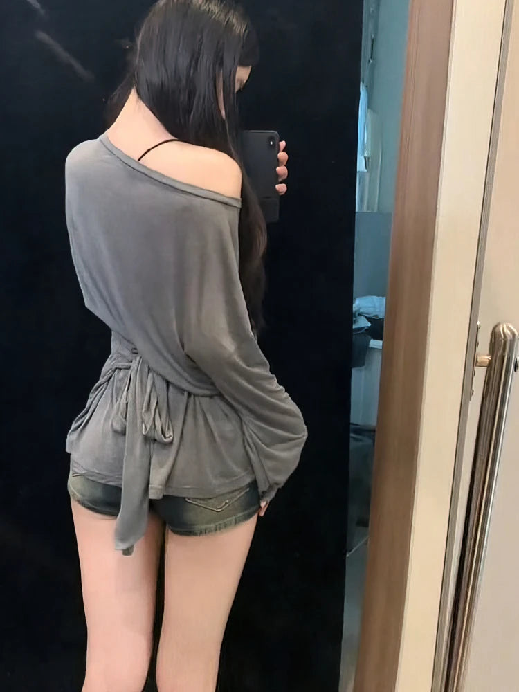 Sheer Bandage Off-Shoulder Long Sleeve Top